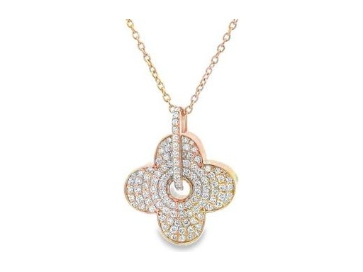 18K Rose Gold Long Necklace with Pavé Natural Round Diamonds in Floral Pendant